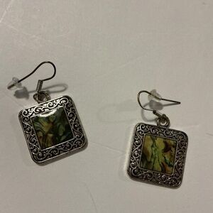 Vintage Style Square Dangle Earrings with Green Art Inlay